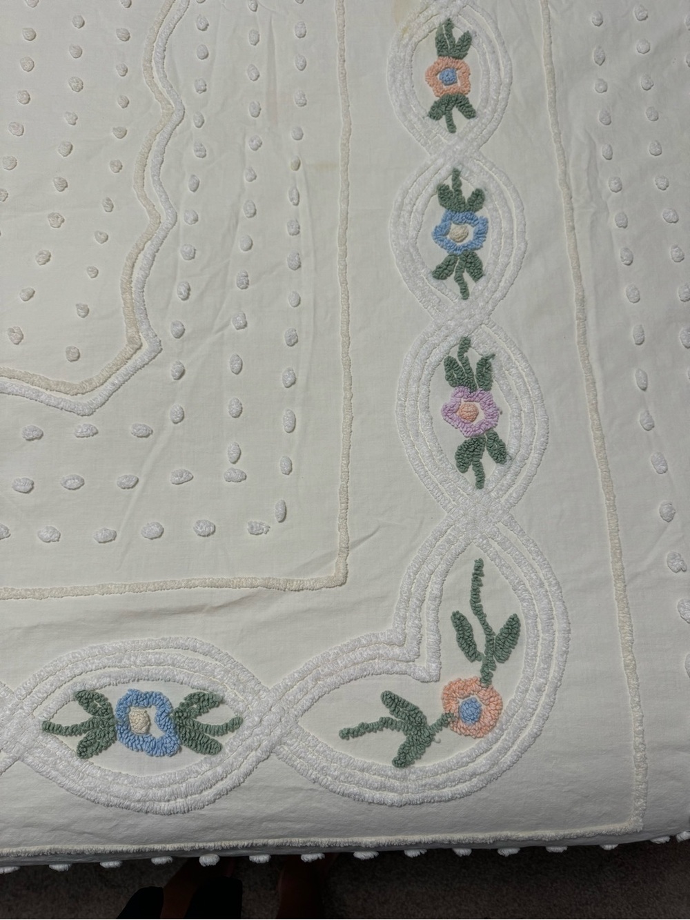 Vintage cotton chenille Tufted Coverlet with Pastel Floral Embroidery cream twin